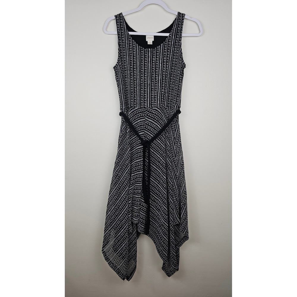 Chico's Dress Women 0 Black White Handkerchief Hem Sleeveless Geometric Knit